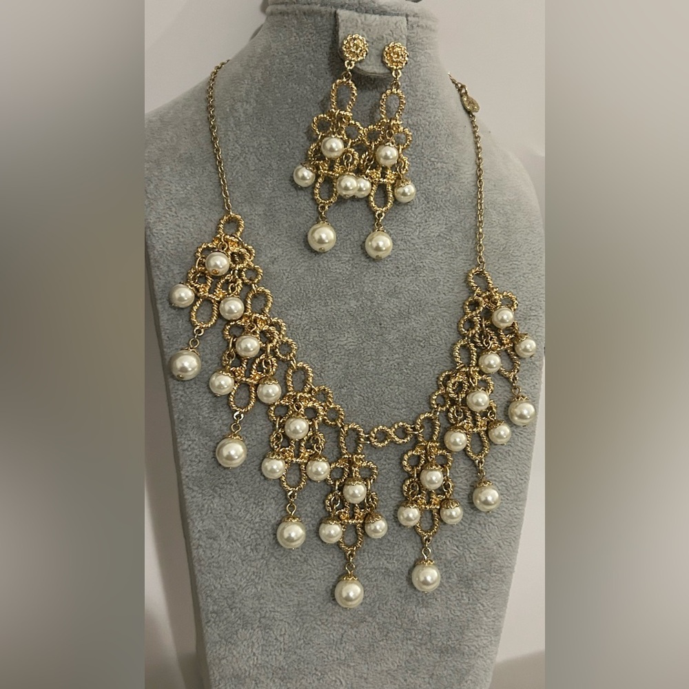 Monet Goldtone Faux Pearl Necklace and Earrings Set